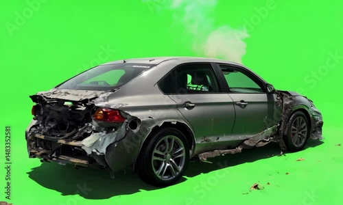 Car in Destruction: a sedan car appears post-accident or staged destruction on vibrant green background, a dramatic and powerful visual.