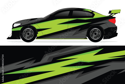 Sleek racing car design with dynamic graphics and colors