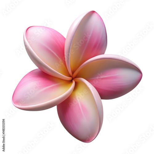 Plumeria flower with five pink and white petals arranged in a symmetrical pattern.