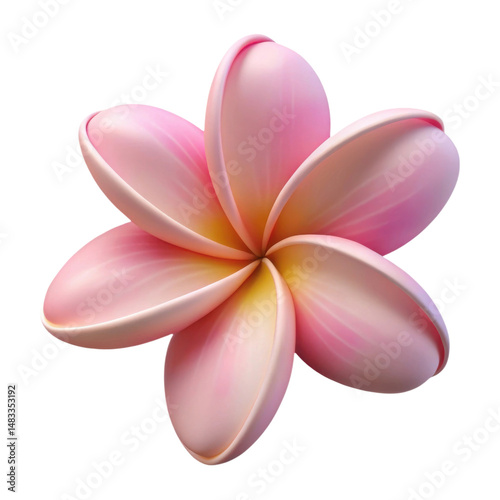 A pink plumeria flower with soft, smooth petals and a subtle yellow center, arranged in a symmetrical pattern.