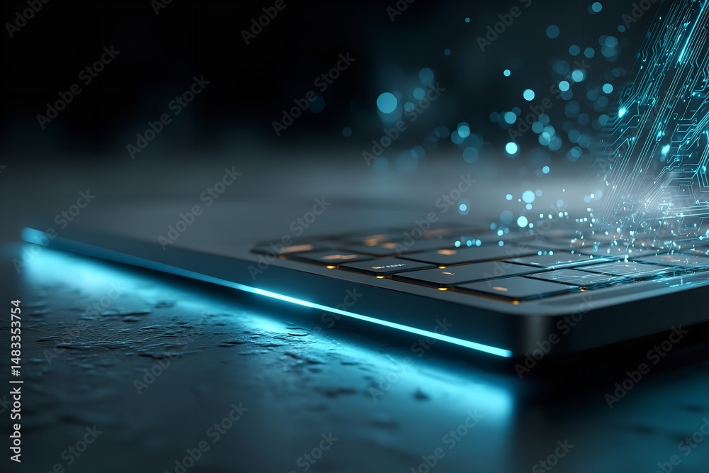 Futuristic Laptop Keyboard with Glowing Digital Particles
Futuristic Laptop Keyboard with Glowing Digital Particles