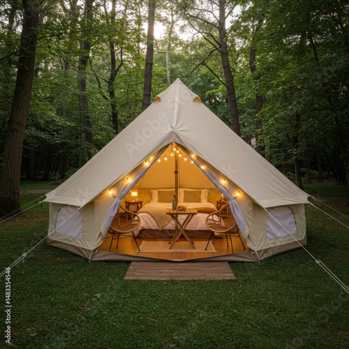 Beige Canvas Tent with String Lights in a Forest