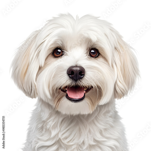  A Maltese dog's portrait with a fluffy white coat smiles widely and looks directly at the camera, showcasing its playful and charming nature.  