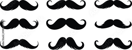 A set of nine identical black mustache silhouettes, arranged in a grid pattern against a pure white background.
