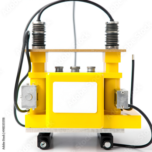 Electronics Concepts. Closeup Image of Powerful Alternative Current Voltage Transformer in Yellow Isolation Against White