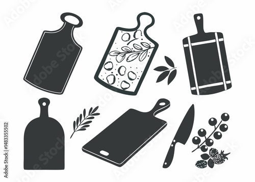 Collection of black and white cutting boards and kitchenware vector clip art