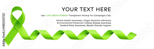 Lime green ribbon with curls, felt textured, transparent backdrop. Mental Health Awareness, Organ Donation Advocacy, Environment Protection, Kidney Disease, Cerebral Palsy Awareness, Bipolar Disorder