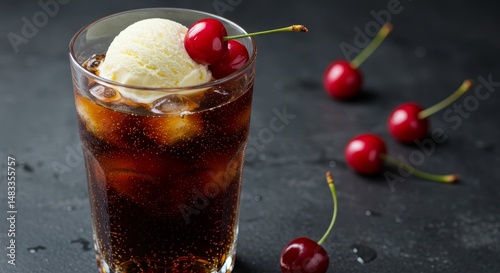 Refreshing cherry cola float with vanilla ice cream and ripe cherries on dark surface