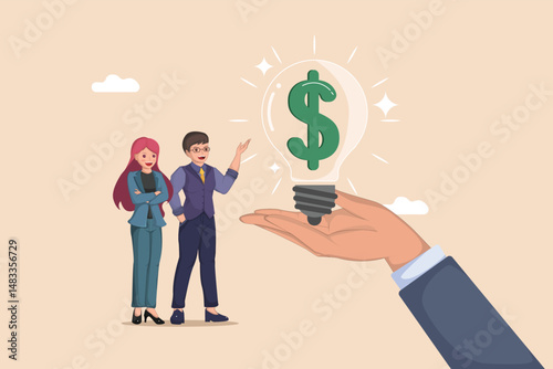 Monetizing Ideas Business Professionals Observing a Hand Presenting a Glowing Light Bulb Containing a Dollar Sign.