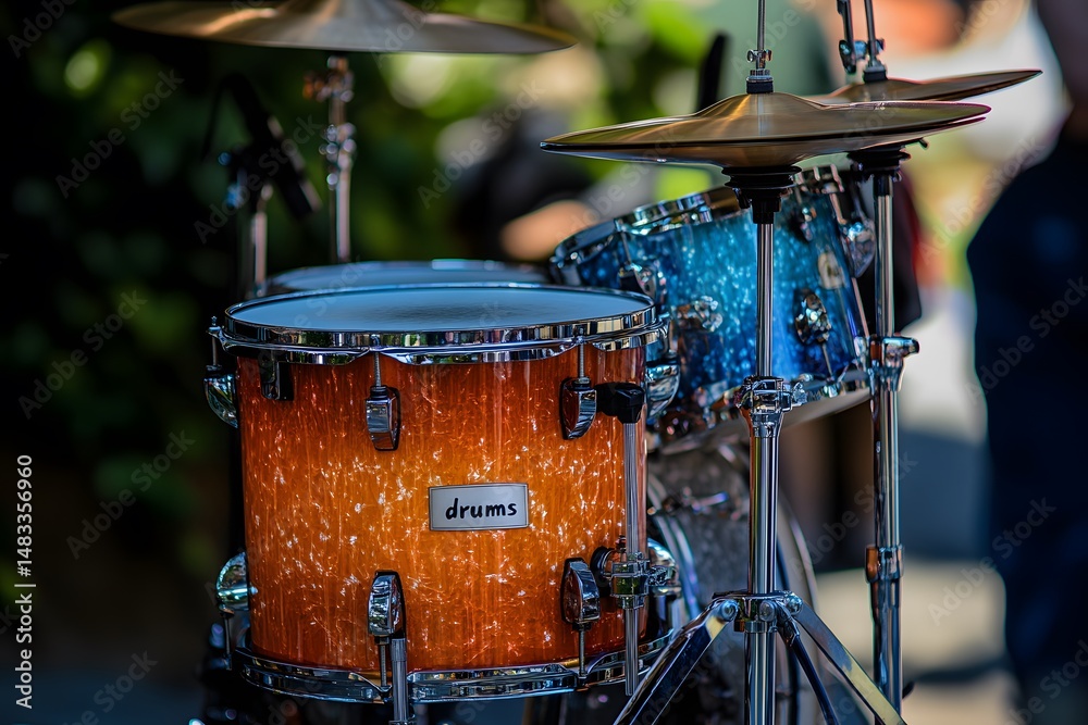 Obraz premium Close-up of professional drum kit with sparkling brown finish and cymbals in studio lighting