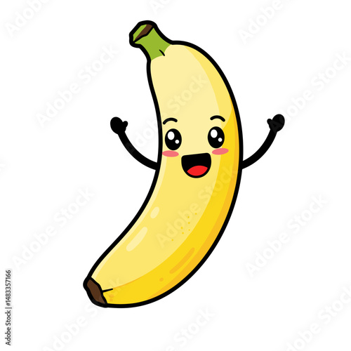 Cartoon banana character smiling and waving with happy expression  
