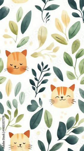 Cozy Watercolor Cat Doodle Pattern with Greenery Elements