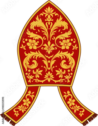 Baroque Bishop Mitre Vector in Red and Gold with Ornamental Floral Embroidery – Catholic Clergy Headwear Illustration