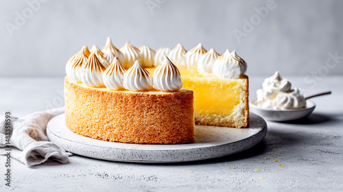 Lemon Cake with Whipped Cream on a Stone Grey Surface