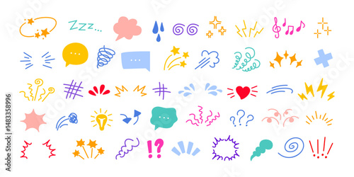 Expression icons. Comic emotion elements, hand drawn expressive symbols. Star, heart and sparks, speech bubbles, exclamation doodles for communication accent. Vector set
