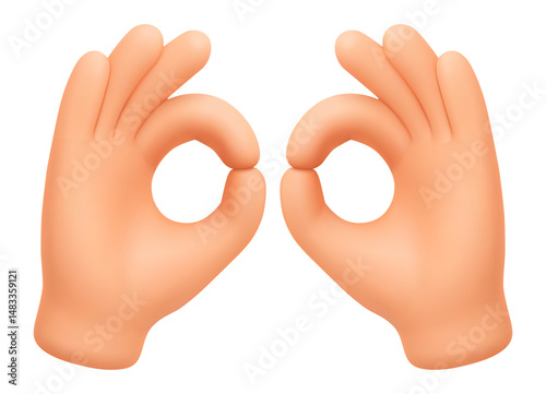 Hand binoculars 3d gesture emoji. Cute cartoon hands make binoculars. Searching for opportunity or watching arm sign. Discover or explore vector realistic soft render icon