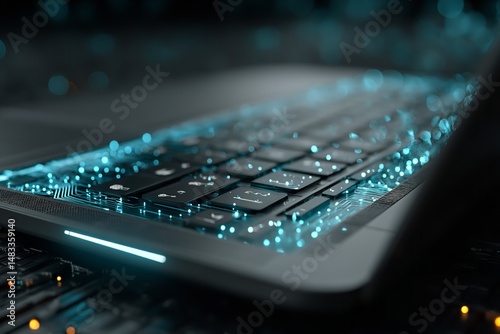 Futuristic Laptop Keyboard with Glowing Digital Particles

