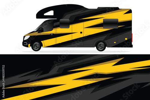 Sleek yellow and black RV design with dynamic graphics