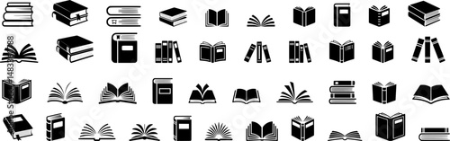 Black Silhouette Book icons Vector Set – Stacked Books, Open Book, Closed Book, Books on Shelf, Book Pages Icons – Minimalist Reading and Education Illustrations