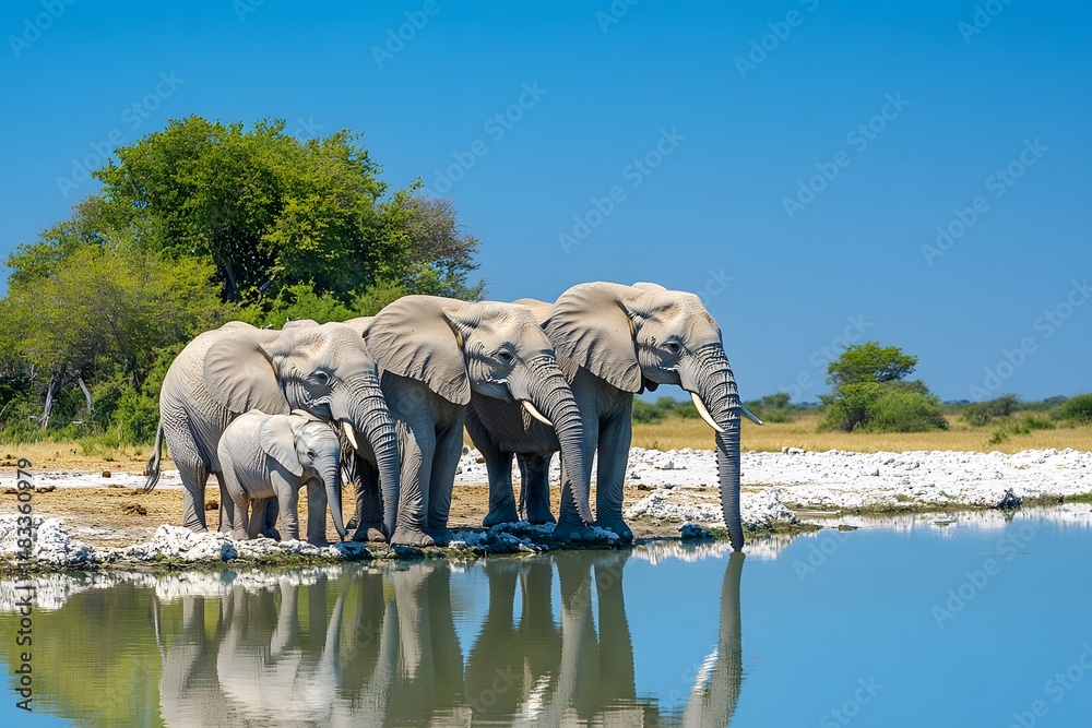 Fototapeta premium Group of African elephants walking towards camera at waterhole under blue sky with clouds in dry savannah