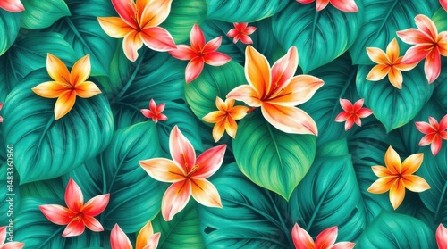 Vibrant Tropical Flowers and Lush Green Leaves Seamless Pattern