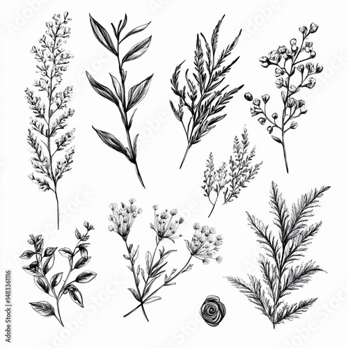 Botanical illustration of various herbs and wildflowers showcasing intricate details and natural forms in a monochromatic style suitable for educational purposes