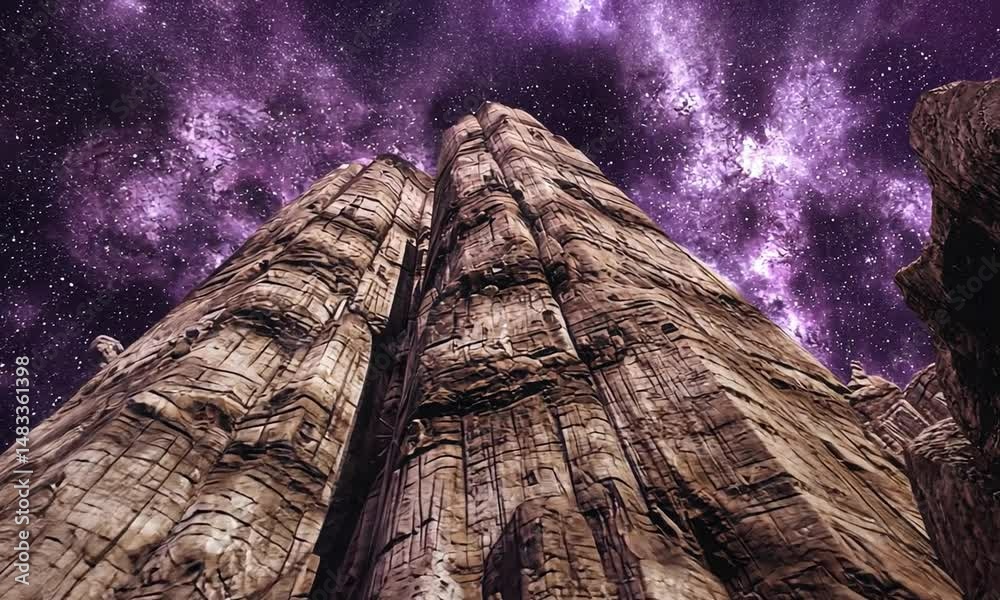 Majestic rock formations reaching towards a vibrant purple galaxy under a starry sky