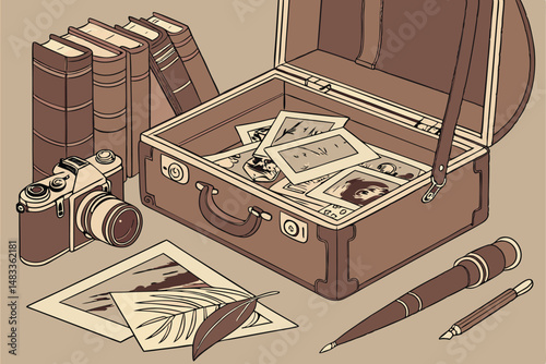 96 artwork,vintage suitcase,old photos,books,pens,antique,sepia tone,cinematic,intricate details,studio lighting,detailed textures,nostalgic,warm colors,moody atmosphere,storytelling