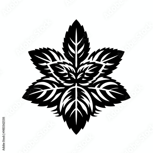 Mint leaf illustration in black and white geometric style  