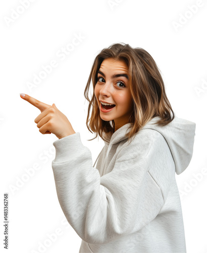 Smiling young girl confidently pointing to the side, suggesting direction, idea, or focus, isolated on white background