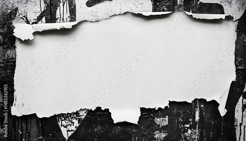 torn white paper on urban grunge wall with abstract black graffiti, blank ripped poster template, textured street art frame