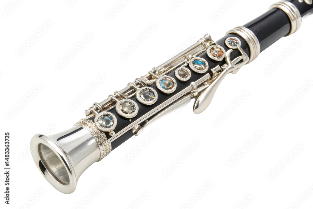 Naklejka premium PNG Close-up of a silver and black clarinet with decorative gemstones