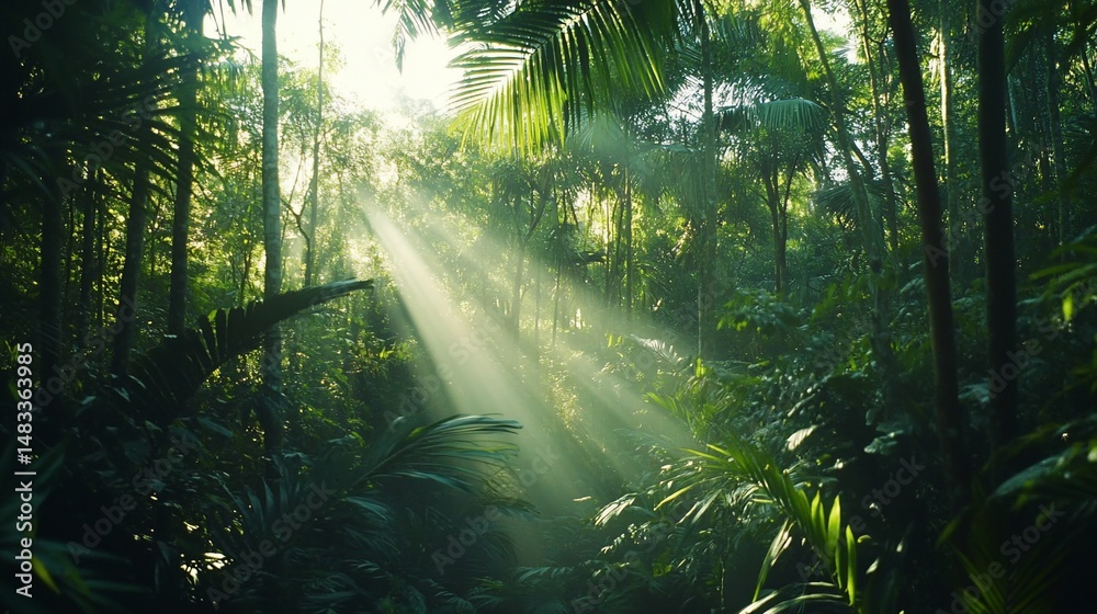 Obraz premium Sunbeams pierce lush rainforest canopy