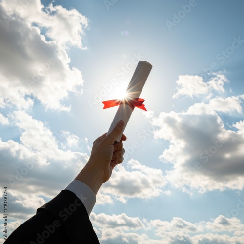 Hand Holding Diploma Against Bright Sunny Sky