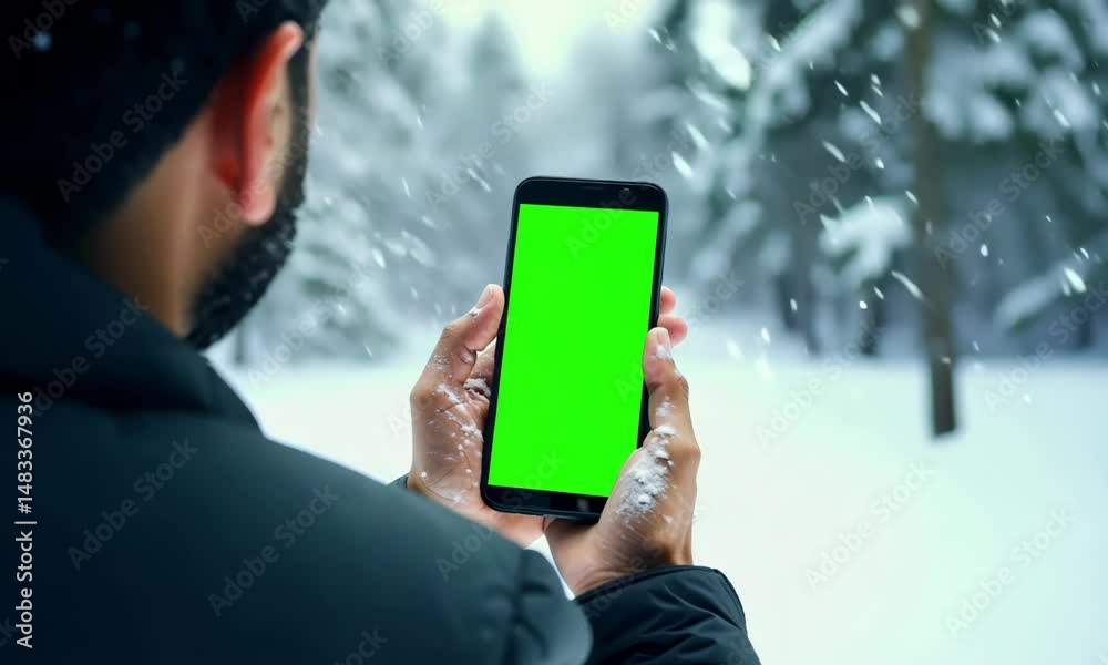 Tech in Winter Wonderland: A person is holding smartphone with a vibrant green screen in a tranquil, snow-covered winter landscape, creating an engaging contrast of technology and serene nature.