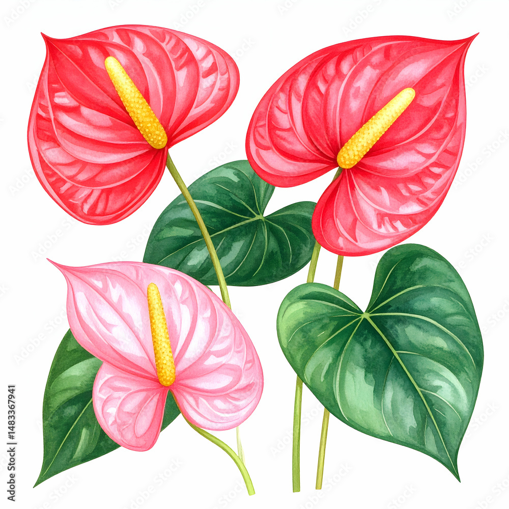 Naklejka premium Flamingo Flowers: Capturing the vibrant beauty of flamingo flowers, their heart-shaped petals and lush green foliage. The artwork shows flamingo flowers in full bloom, evoking feelings of freshness.
