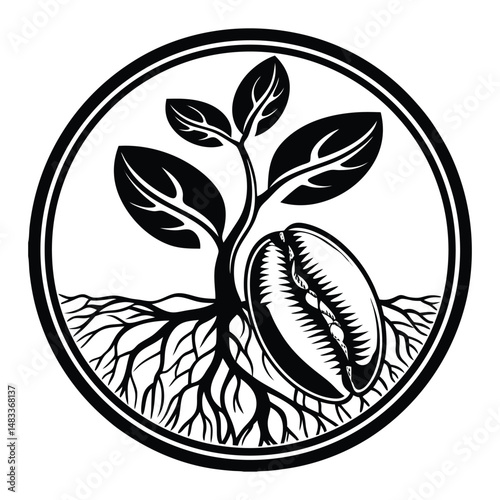 Coffee seed growing roots badge on white background