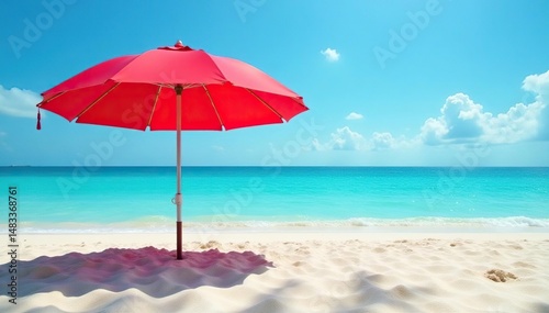 Bright red beach umbrella providing shade on a sunny beach , sun, beach umbrella shade, vacation