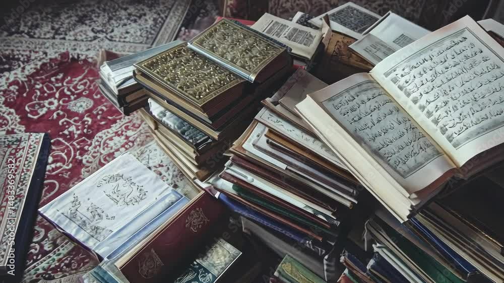 pile of old religious books and manuscripts laying on a rug, arabic script on pages