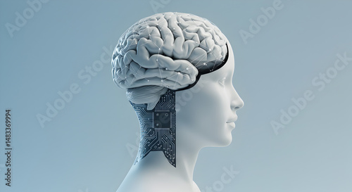 Stylized Female Figure with Spherical Brain and Circuit Neck on Gradient Blue Background Illustrating Artificial Intelligence