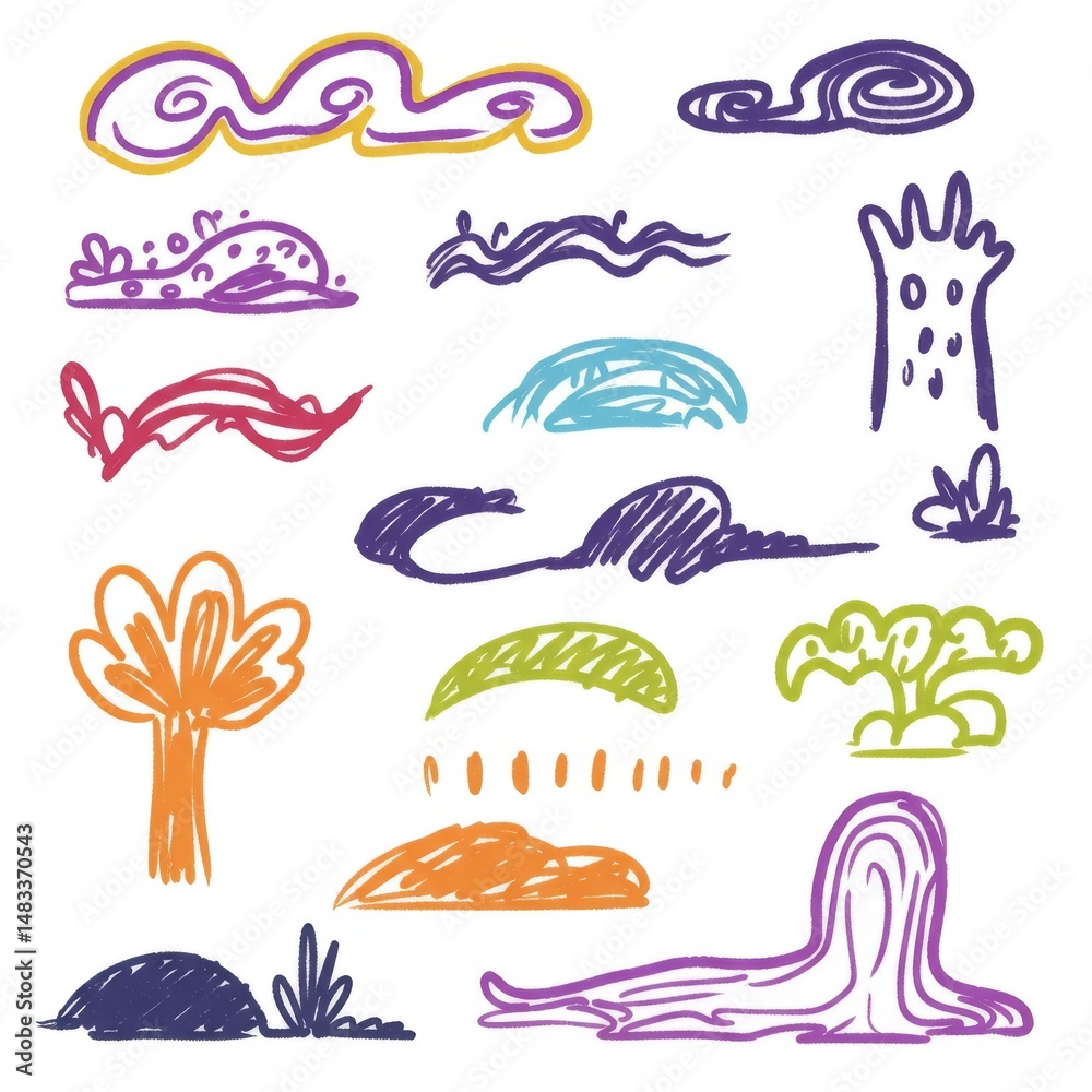 Fototapeta premium Colorful Whimsical Drawings of Nature Elements