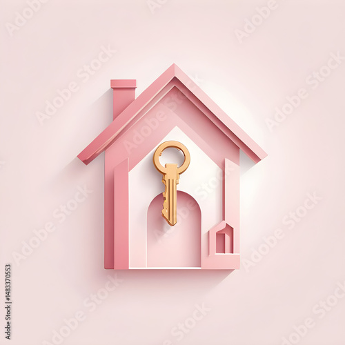 Pink House with Golden Key Icon Illustration 