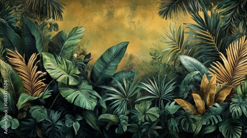 Lush Tropical Leaves in Gold and Green on Textured Background