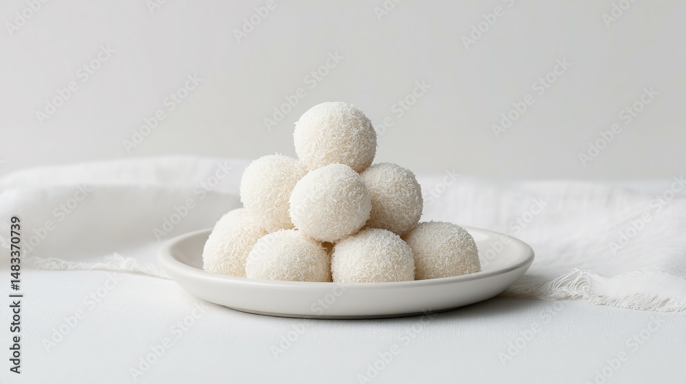 Fototapeta premium Stacked coconut truffles on a plate against a light background.