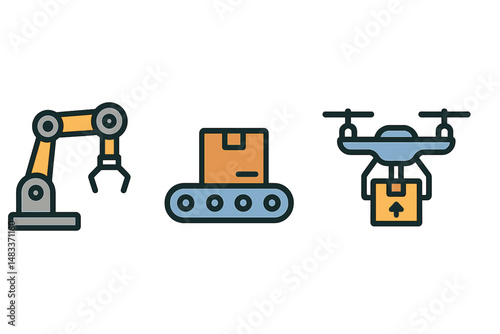 Robotic arm, conveyor belt, and drone parcel delivery icons colored vector illustration