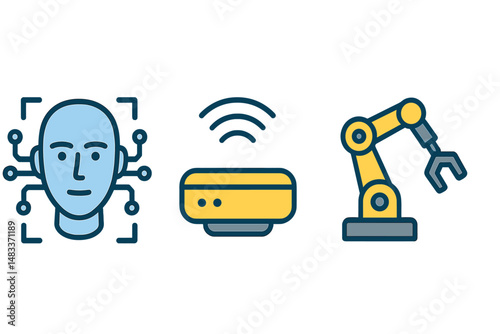 Artificial intelligence, connectivity, and robotics concept symbols colored vector illustration