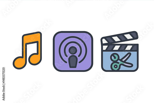 Music note, podcast, and video editing icons with soft color palette colored vector illustration