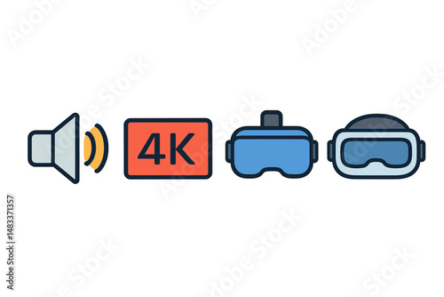 Speaker, 4k, vr headset, goggles icons on gradient background colored vector illustration