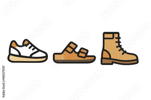 Footwear icons including sneaker, sandal, and boot on grey gradient background colored vector illustration