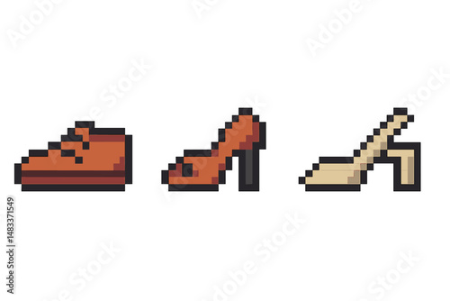 Pixel art footwear: red sneakers, red high heel, beige slingback shoe colored vector illustration